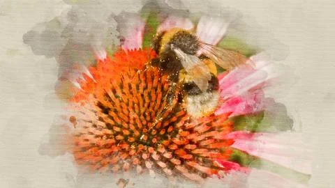 Bumblebee pollinating flower close up Stock Illustration
