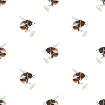Bumblebee watercolor seamless pattern. Hand drawn bee with a flower on isolated Illustrazione stock