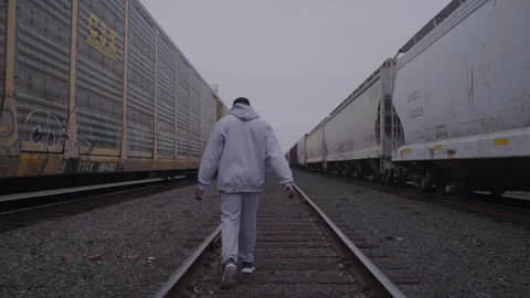 Bummed Guy Walking On Train Tracks Stock Footage 270326374