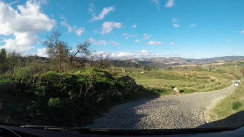 Bumpy cobblestone road and green surroundings of Spain, POV drive Video stock 317224730