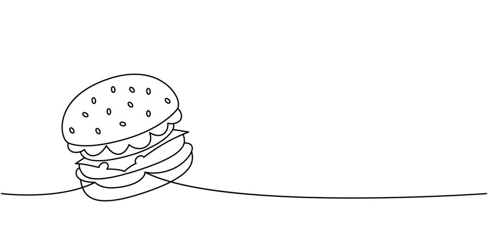Bun burger one line continuous drawing. Traditional American fast food. Vector Stockillustratie