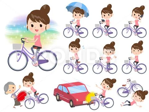 Bun hair mom sportswear city cycle Stock Illustration