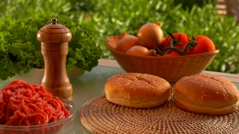 Bun for hamburger falls on the table Video stock 106295674