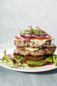 An Bun-Less Double Hamburger With Ham, Cheese, Black Tomatoes, Red Onion And