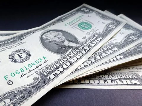 Bunch of 2 dollar bills - 2 US dollars Stock Photos