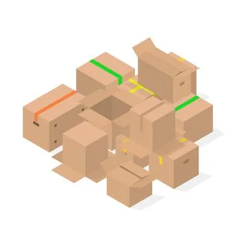 Bunch of 3D cardboard boxes, vector illustration. Illustrazione stock