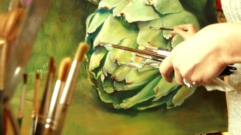 A bunch of art paint brushes on background of professional artist working Stock Footage 82787855