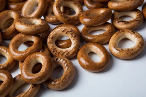 A bunch of bagels on a white background Stock Photos