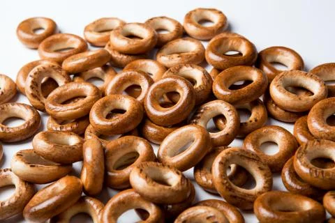 A bunch of bagels on a white background Stock Photos