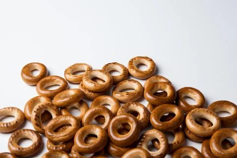 A bunch of bagels on a white background Stock Photos