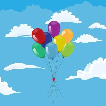 Bunch of balloons flying in cloudy sky. Vector illustration. Stock Illustration