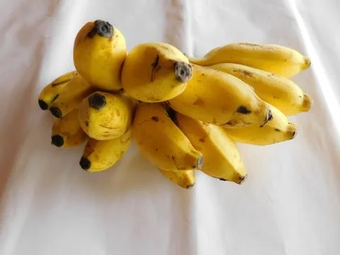 A bunch of bananas is placed on a white surface Stock Photos