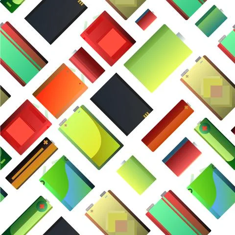 Bunch of Battery Energy source. Seamless pattern. Electricity accumulator. Ga Stock Illustration