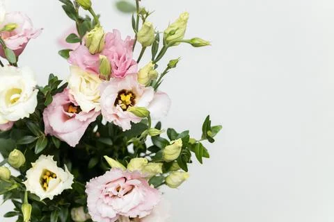 Bunch of beautiful eustoma flowers on light background Stock Photos