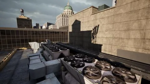 A bunch of black and white wheels on top of a building Ilustración de archivo