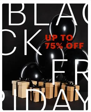 Bunch black balloons gift boxes Stock Photos