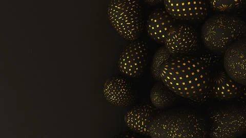 Bunch of black easter eggs with golden ornament on dark background. 3d render 스톡 일러스트