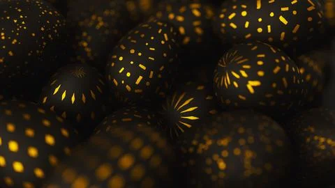 Bunch of black easter eggs with golden ornament on dark background. 3d render Stock Illustration