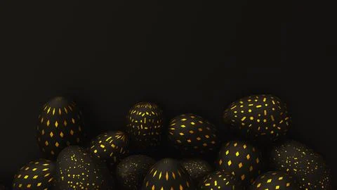 Bunch of black easter eggs with golden ornament on dark background. 3d render Stock Illustration