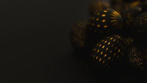 Bunch of black easter eggs with golden ornament on dark background. 3d render Stock Illustration