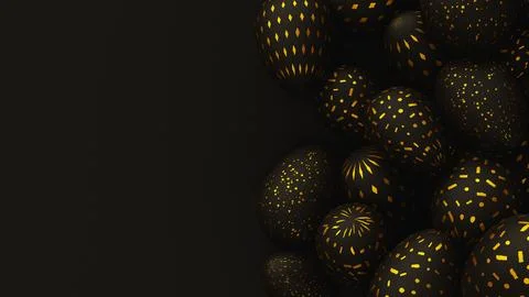 Bunch of black easter eggs with golden ornament on dark background. 3d render Stock Illustration