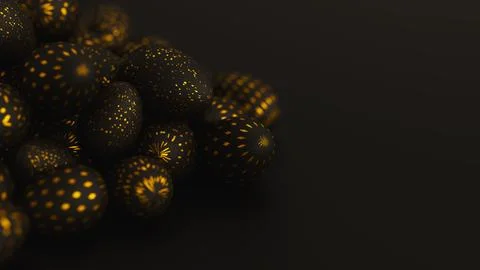 Bunch of black easter eggs with golden ornament on dark background. 3d render 스톡 일러스트