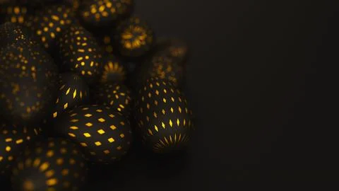 Bunch of black easter eggs with golden ornament on dark background. 3d render 스톡 일러스트
