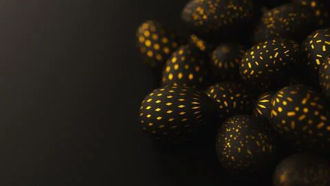 Bunch of black easter eggs with golden ornament on dark background. 3d render 스톡 일러스트