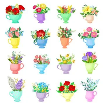 Bunch of Blooming Flowers in Ceramic Cup Big Vector Set Stock Illustration