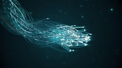 Bunch of cables spreading in space. Glowing fiber wires movement. Stock Illustration