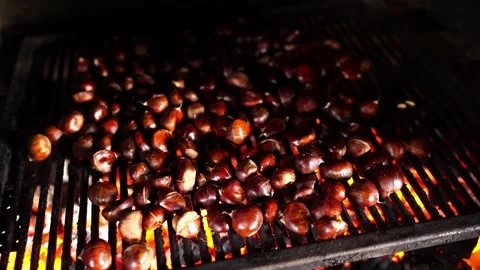 Bunch of chestnuts are baked on a grate on coals in an oven Stock Footage 270153389