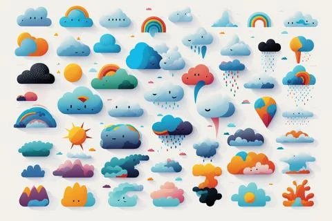 A bunch of clouds that are in the sky with a rainbow in the middle of them .. Stock Illustration