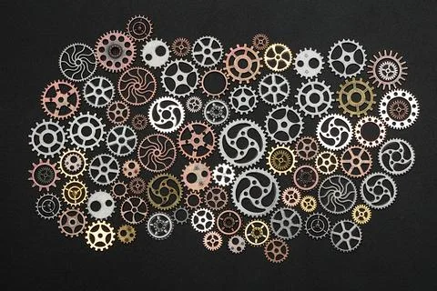 Bunch of cogwheels on black background. Stock Photos