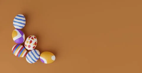 Bunch of colorful eggs on a beige Easter background 3D Rendering. Pile of bir Stock Illustration