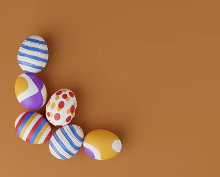 Bunch of colorful eggs on a beige Easter background 3D Rendering. Pile of bir 스톡 일러스트