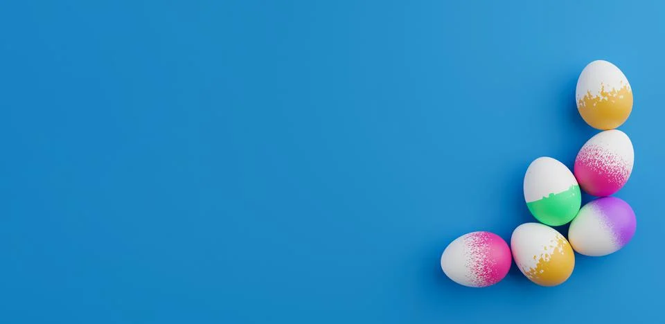 Bunch of colorful eggs on a blue Easter background 3D Rendering. Pile of birg Stock Illustration