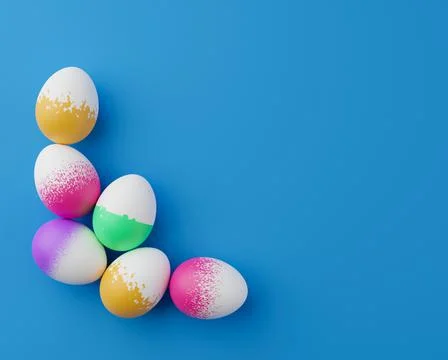 Bunch of colorful eggs on a blue Easter background 3D Rendering. Pile of birg Stock Illustration