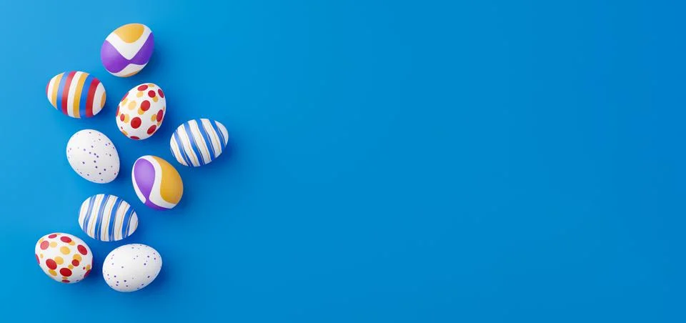 Bunch of colorful eggs on a blue Easter background 3D Rendering. Pile of birg Stock Illustration