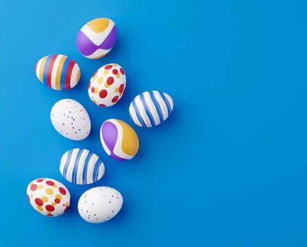 Bunch of colorful eggs on a blue Easter background 3D Rendering. Pile of birg Stock Illustration