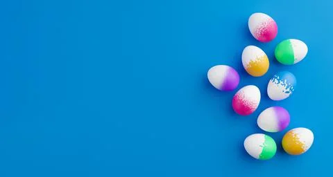Bunch of colorful eggs on a blue Easter background 3D Rendering. Pile of birg イラスト素材