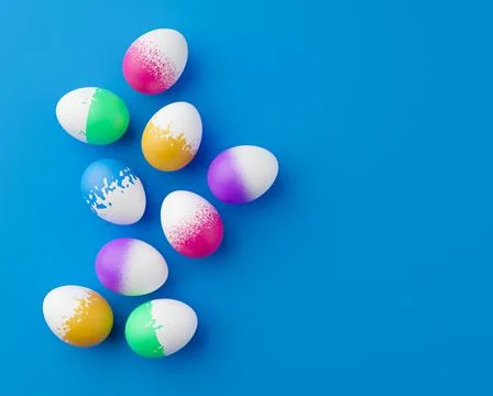 Bunch of colorful eggs on a blue Easter background 3D Rendering. Pile of birg Stock Illustration