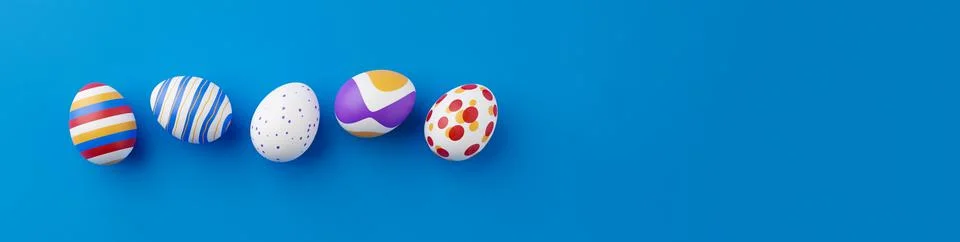 Bunch of colorful eggs on a blue Easter background 3D Rendering. Pile of birg Stock Illustration