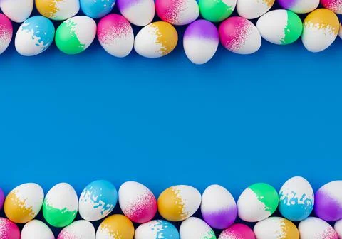 Bunch of colorful eggs on a blue Easter background 3D Rendering. Pile of birg イラスト素材