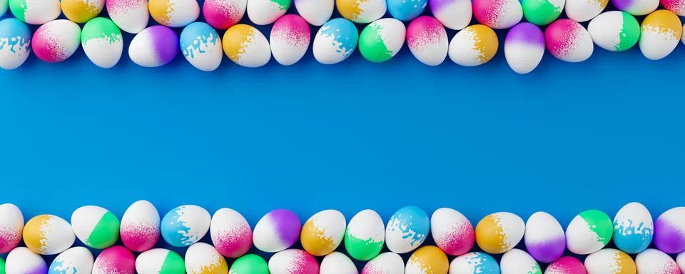 Bunch of colorful eggs on a blue Easter background 3D Rendering. Pile of birg 스톡 일러스트