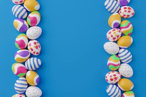 Bunch of colorful eggs on a blue Easter background 3D Rendering. Pile of birg 스톡 일러스트