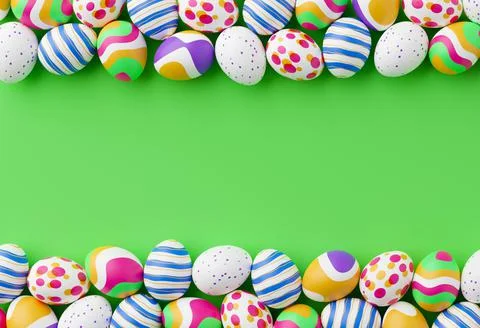 Bunch of colorful eggs on a green Easter background 3D Rendering. Pile of bir Stock Illustration