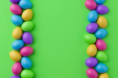 Bunch of colorful eggs on a green Easter background 3D Rendering. Pile of bir Stock Illustration