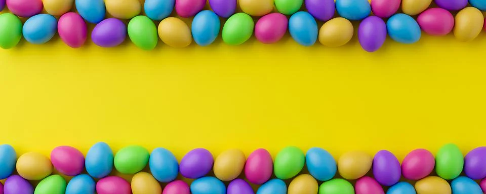 Bunch of colorful eggs on a yellow Easter background 3D Rendering. Pile of bi Stock Illustration