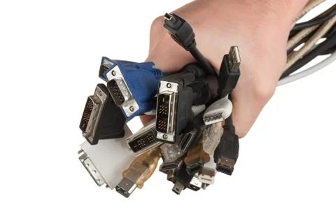 Bunch of computer cables with  sockets in hand Stock Photos