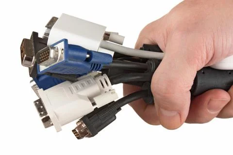 Bunch of computer cables with  sockets in hand Stock Photos